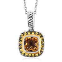 18K Yellow Gold and Sterling Silver Square Pendant with Citrine and Sapphires