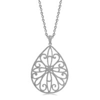 Sterling Silver Rhodium Plated Teardrop Shape Filigree Style Pendant