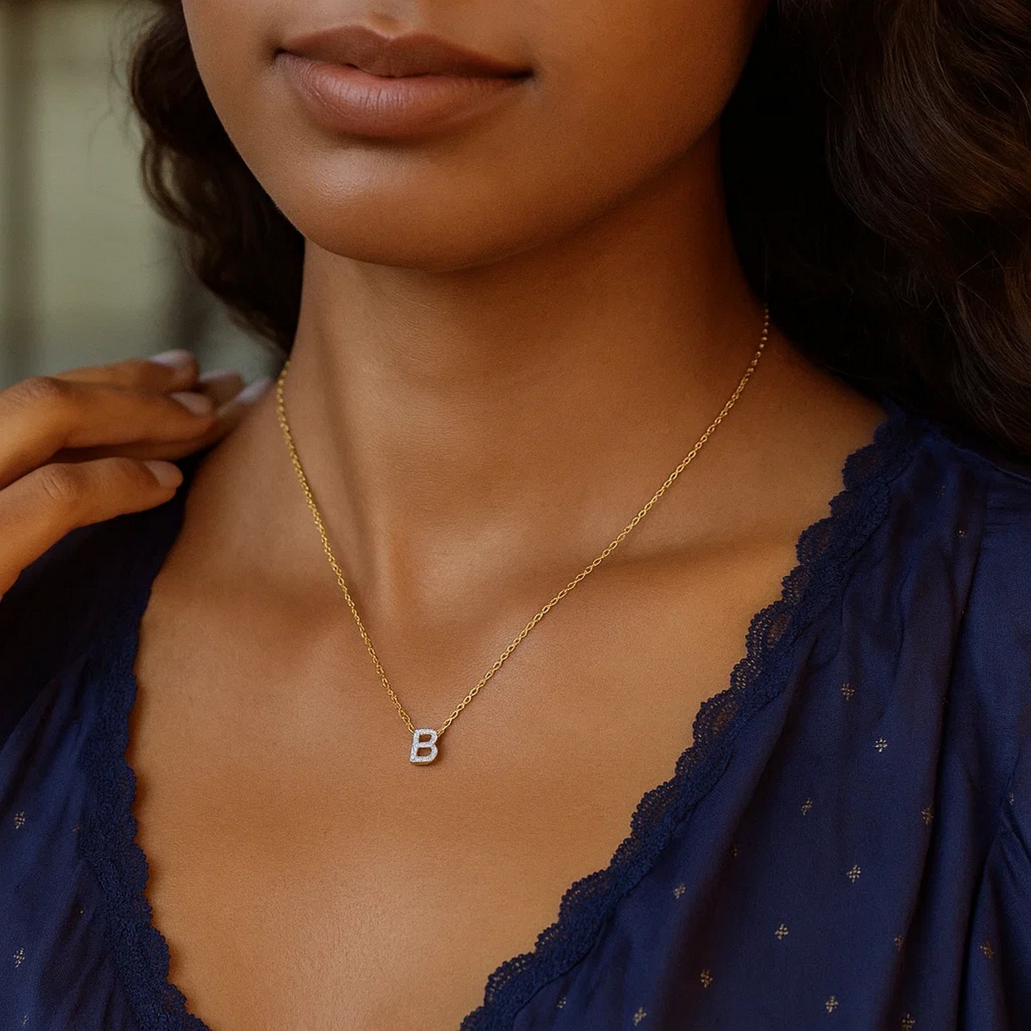 14K Yellow Gold Mini Diamond B Initial Pendant Necklace - Image 6