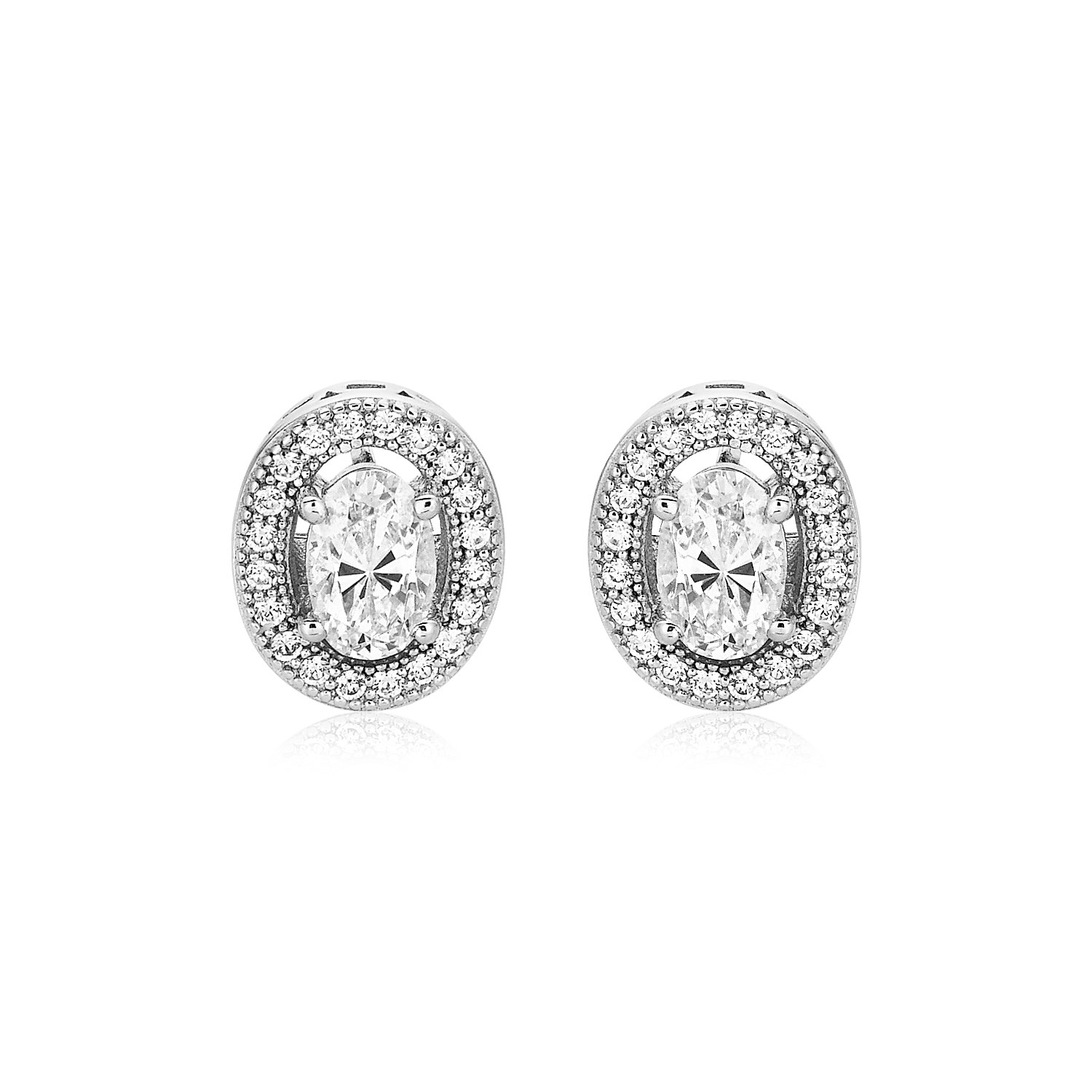 Sterling Silver Beaded Oval Bezel Set Cubic Zirconia Earrings
