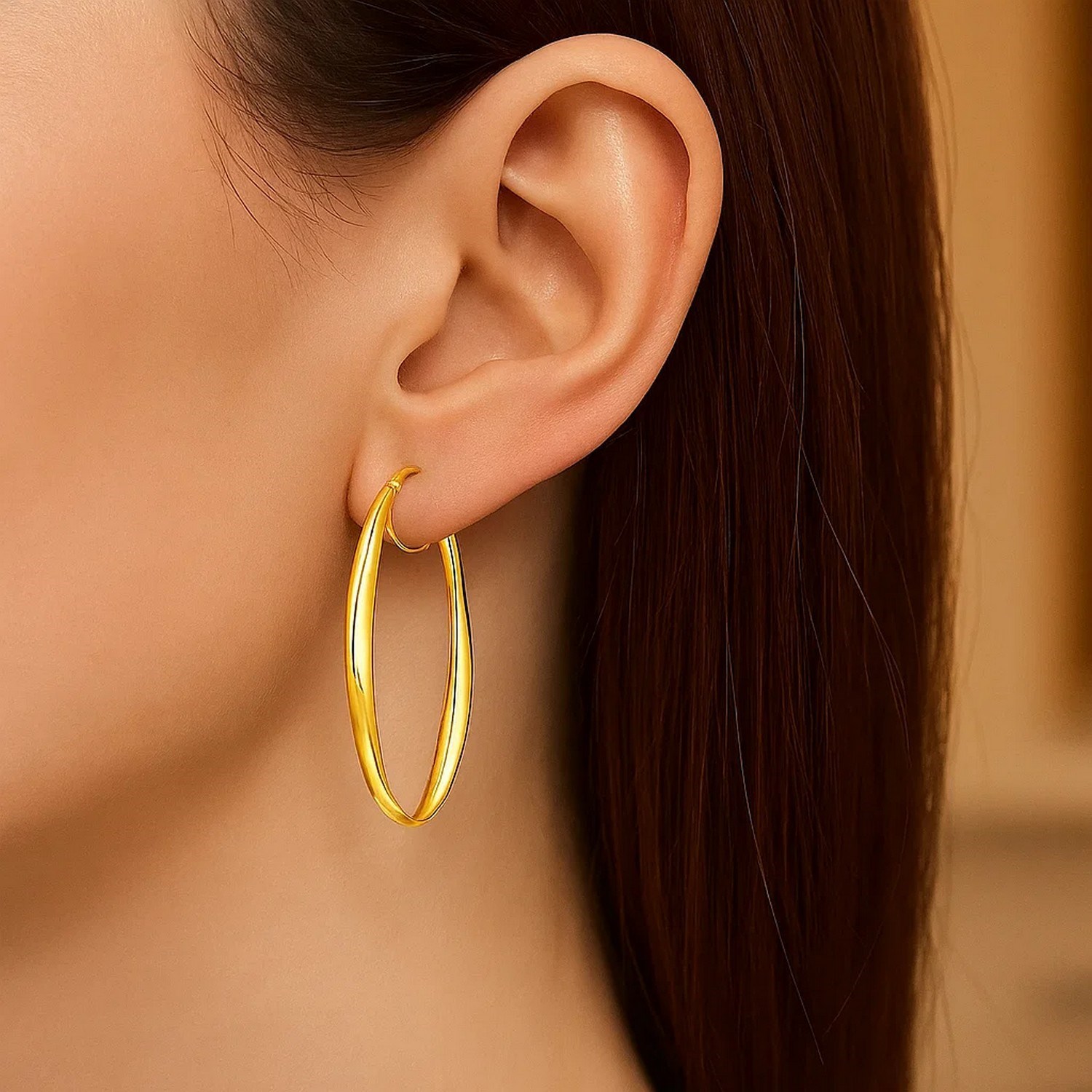 14k Yellow Gold Twist Motif Oval Shape Hoop Earrings - Image 2