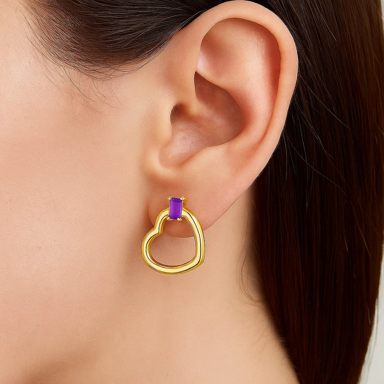 Amethyst Gemstone Baguette Earrings in 14K Yellow Gold - Image 2