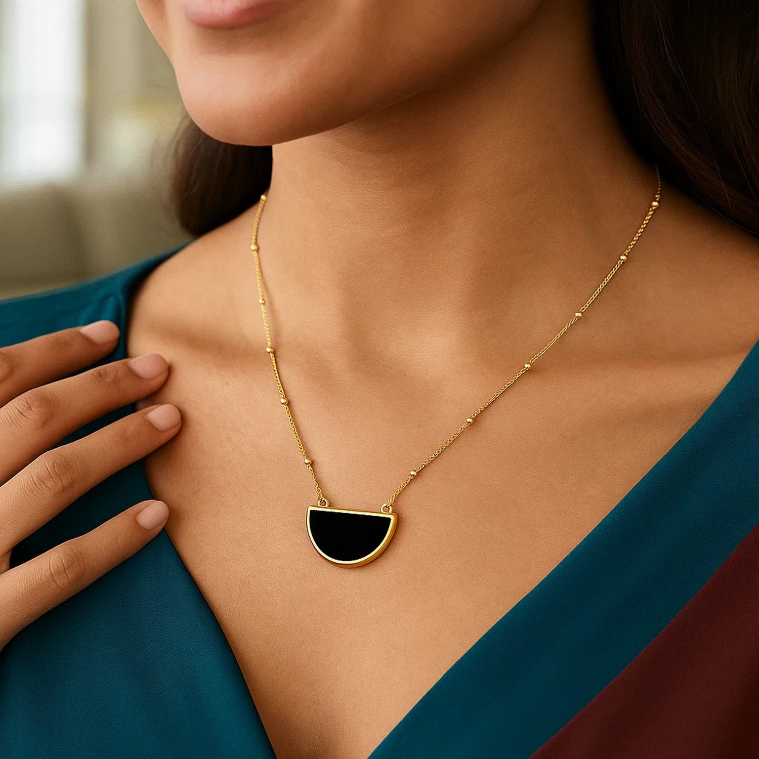 Onyx Geometric Half Moon Necklace in 14K Yellow Gold - Image 4