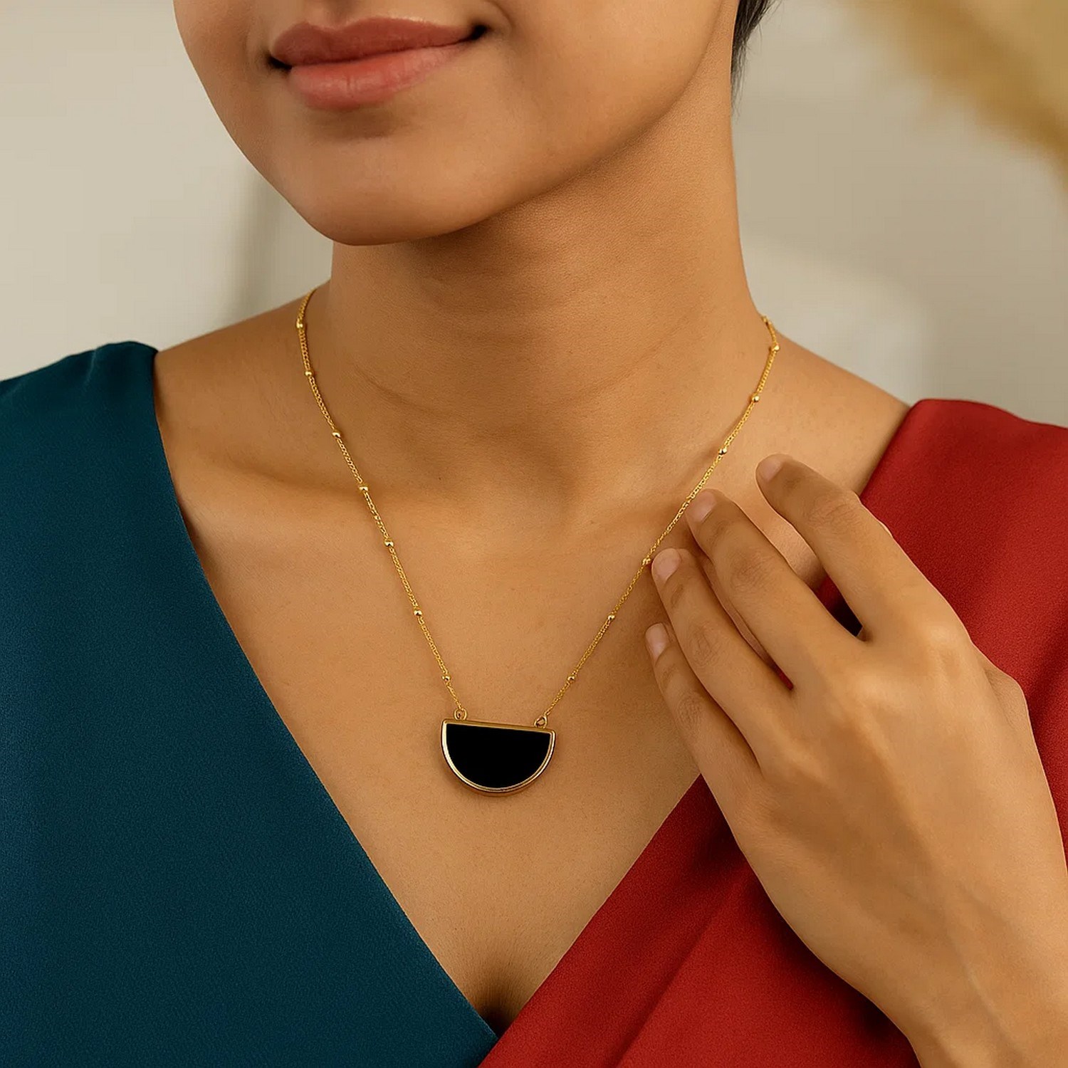 Onyx Geometric Half Moon Necklace in 14K Yellow Gold - Image 6