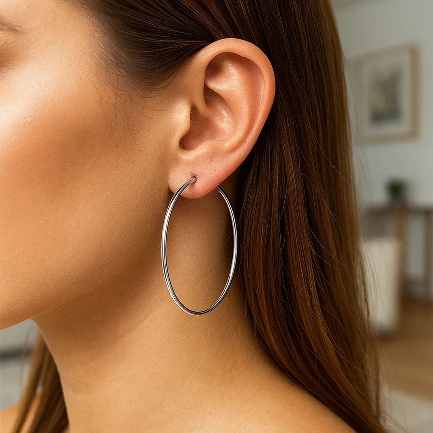 Sterling Silver Large Polished Round Hoop Earrings(60mm) - Image 2