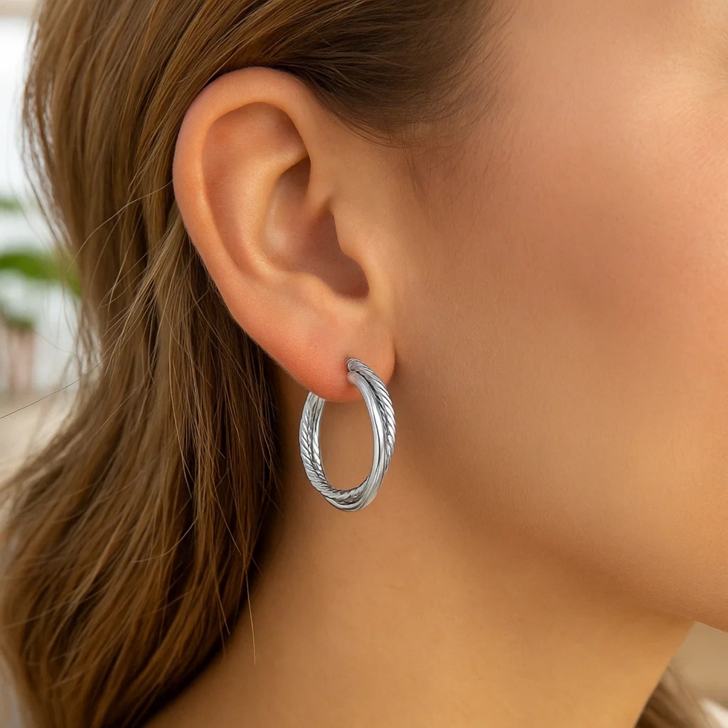 Sterling Silver Ridged Hoop Earrings with Textured Design - Image 2