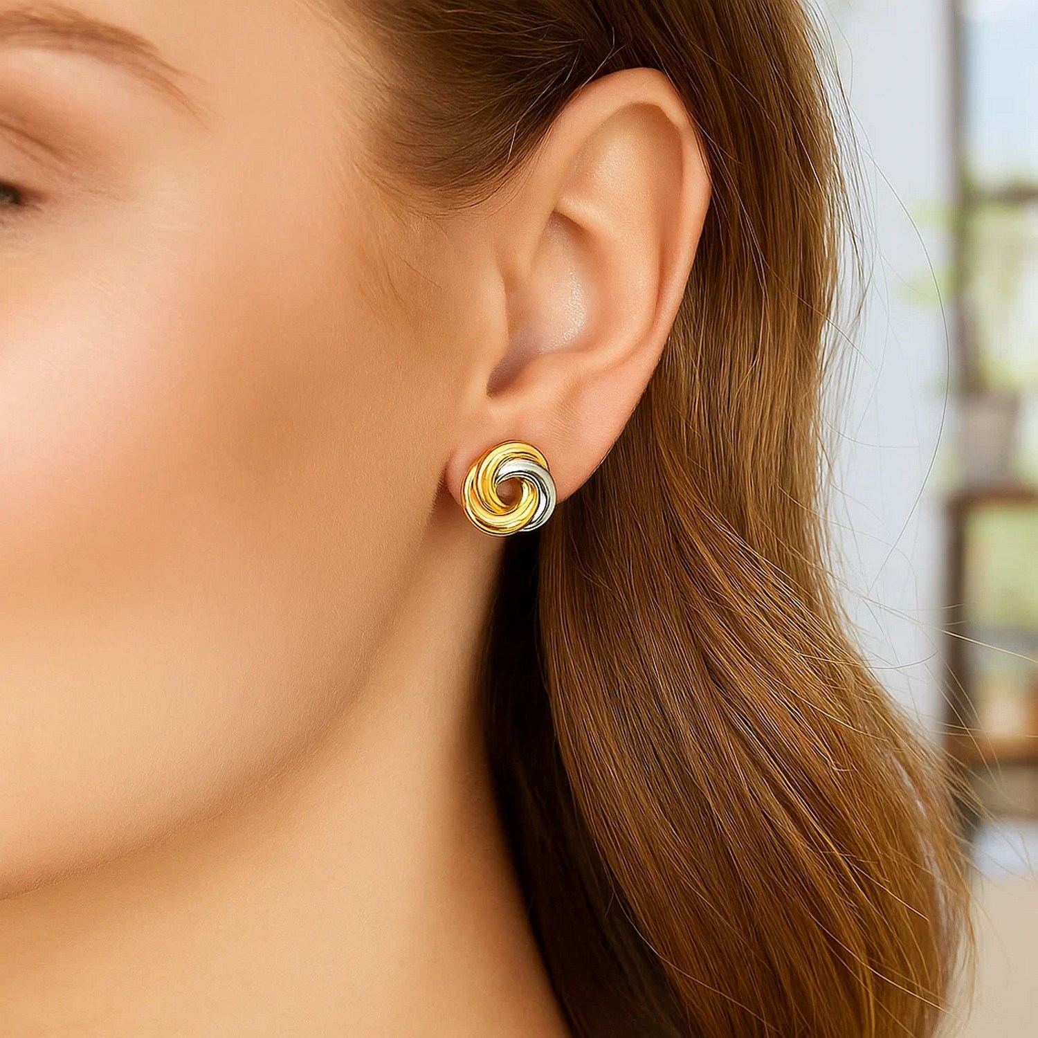 14k Two-Tone Gold Shiny Intertwined Open Circle Earrings - Image 2