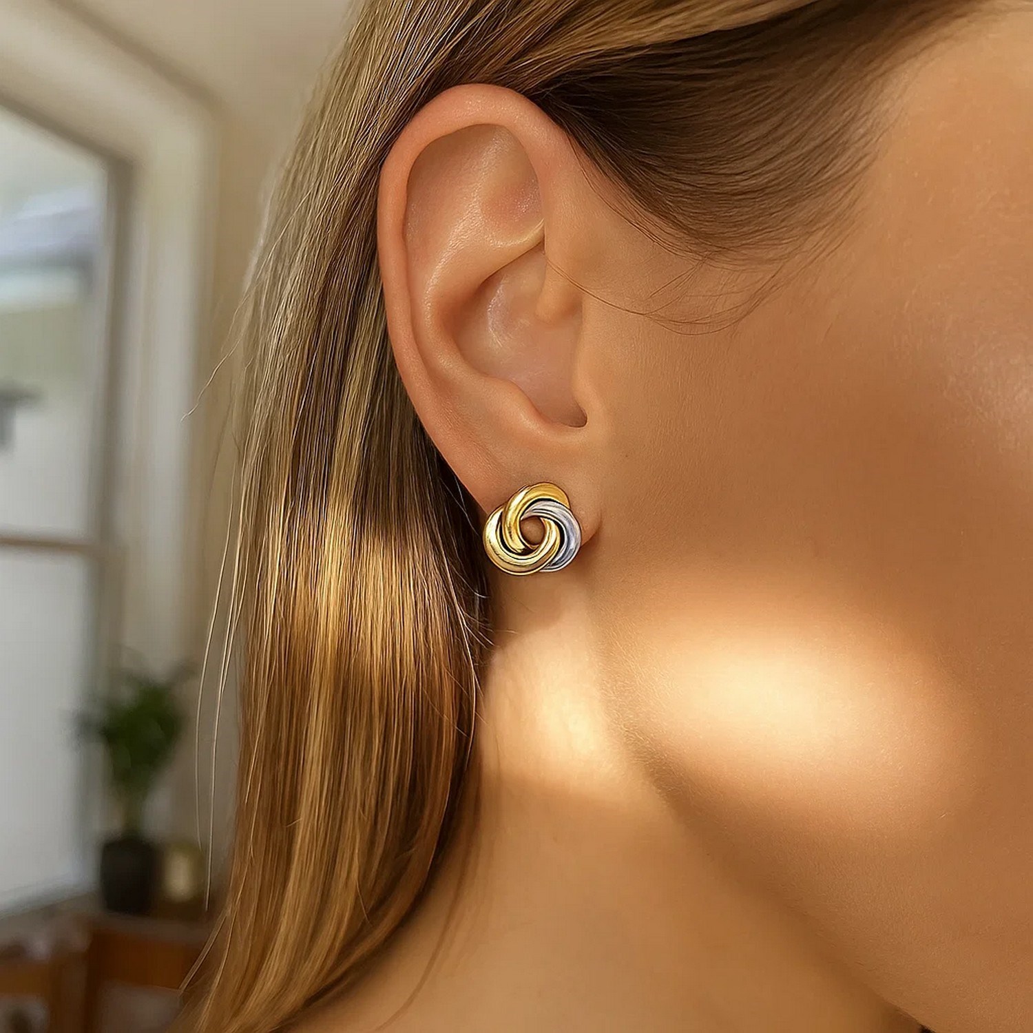 14k Two-Tone Gold Shiny Intertwined Open Circle Earrings - Image 3