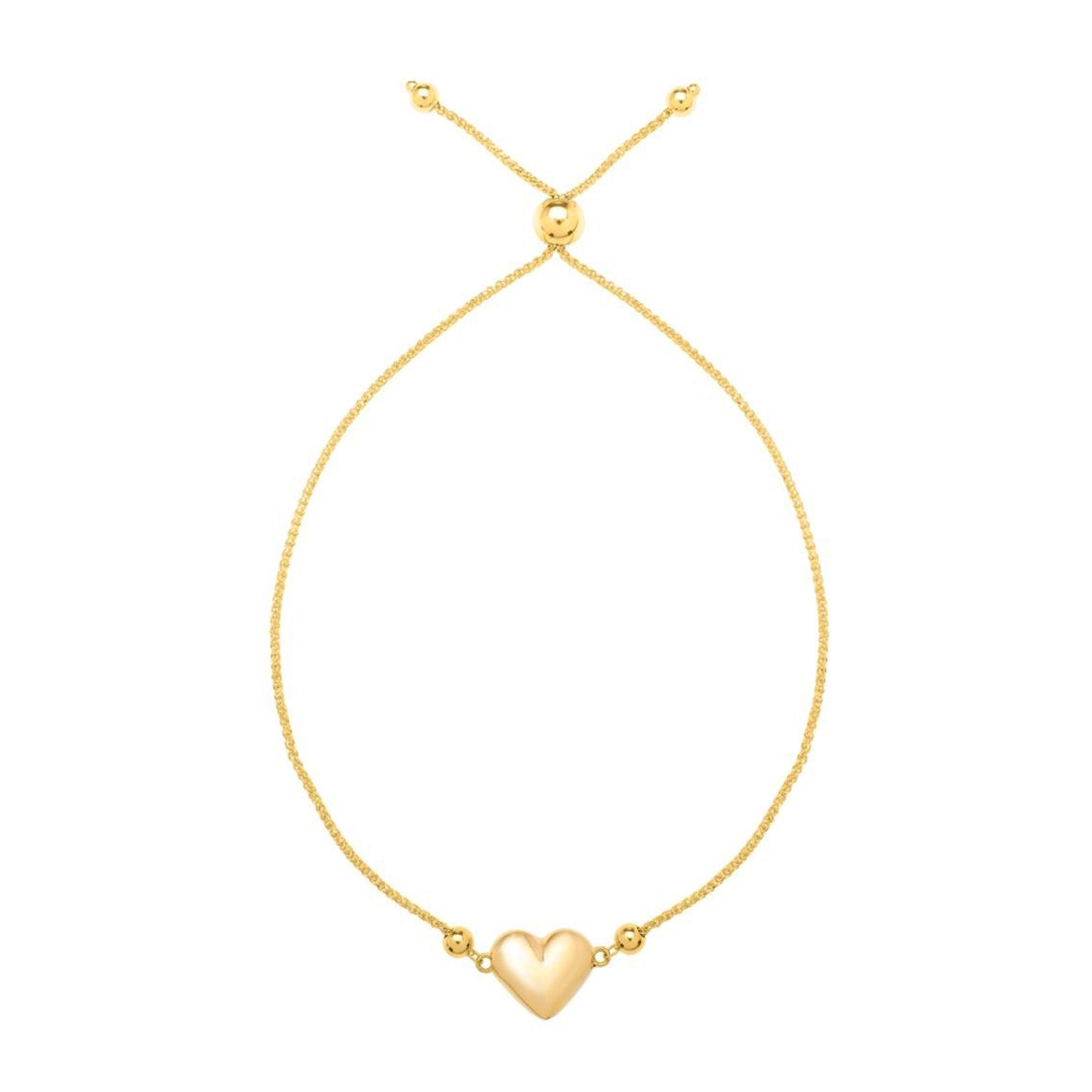 Adjustable Puffed Heart Draw String Bracelet in 14K Yellow Gold