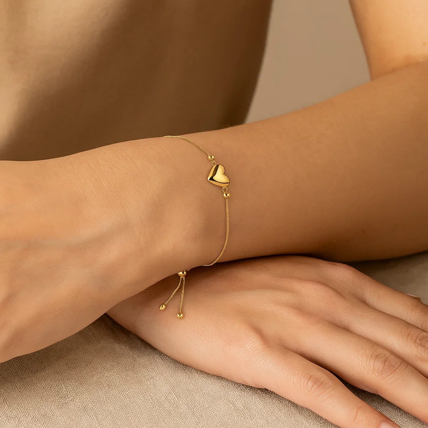 Adjustable Puffed Heart Draw String Bracelet in 14K Yellow Gold - Image 2