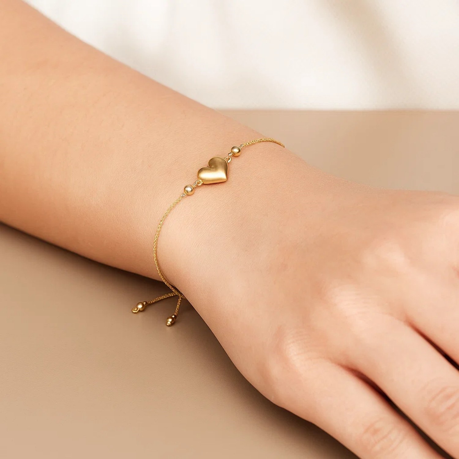 Adjustable Puffed Heart Draw String Bracelet in 14K Yellow Gold - Image 3
