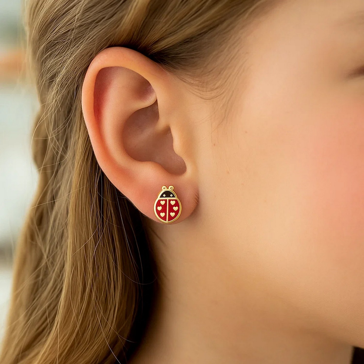 14K Yellow Gold Ladybug Enamel Earrings - Image 2