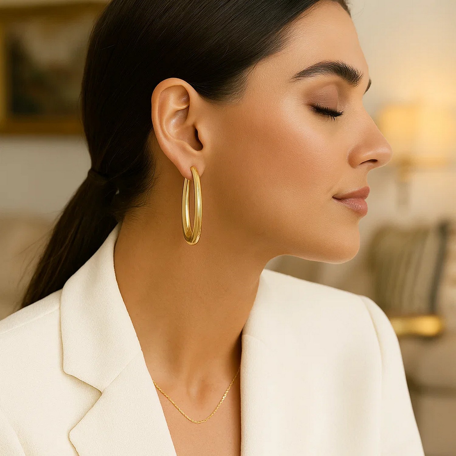 14k Yellow Gold Elongated Oval Hoops - Image 3