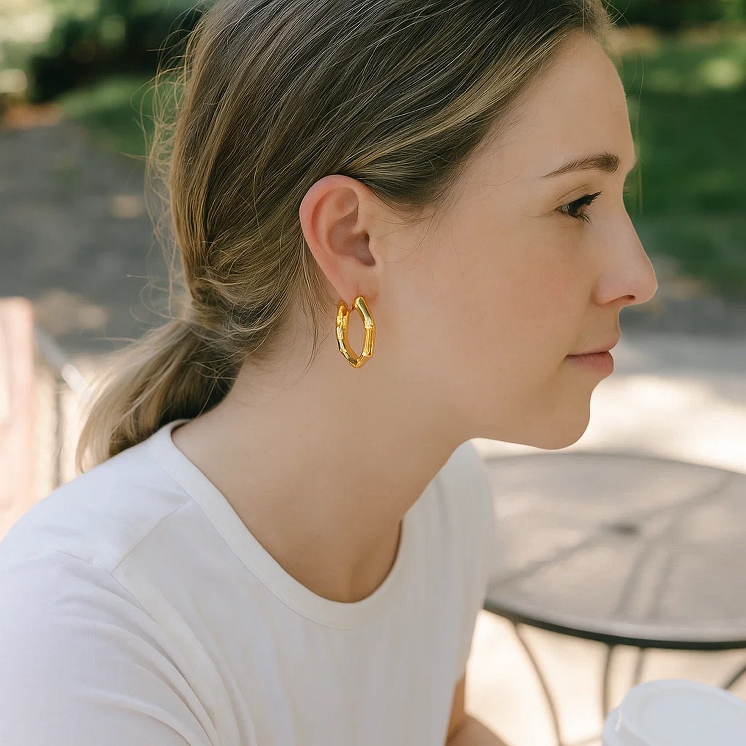 14k Yellow Gold Medium Bamboo Hoop Earrings - Image 3