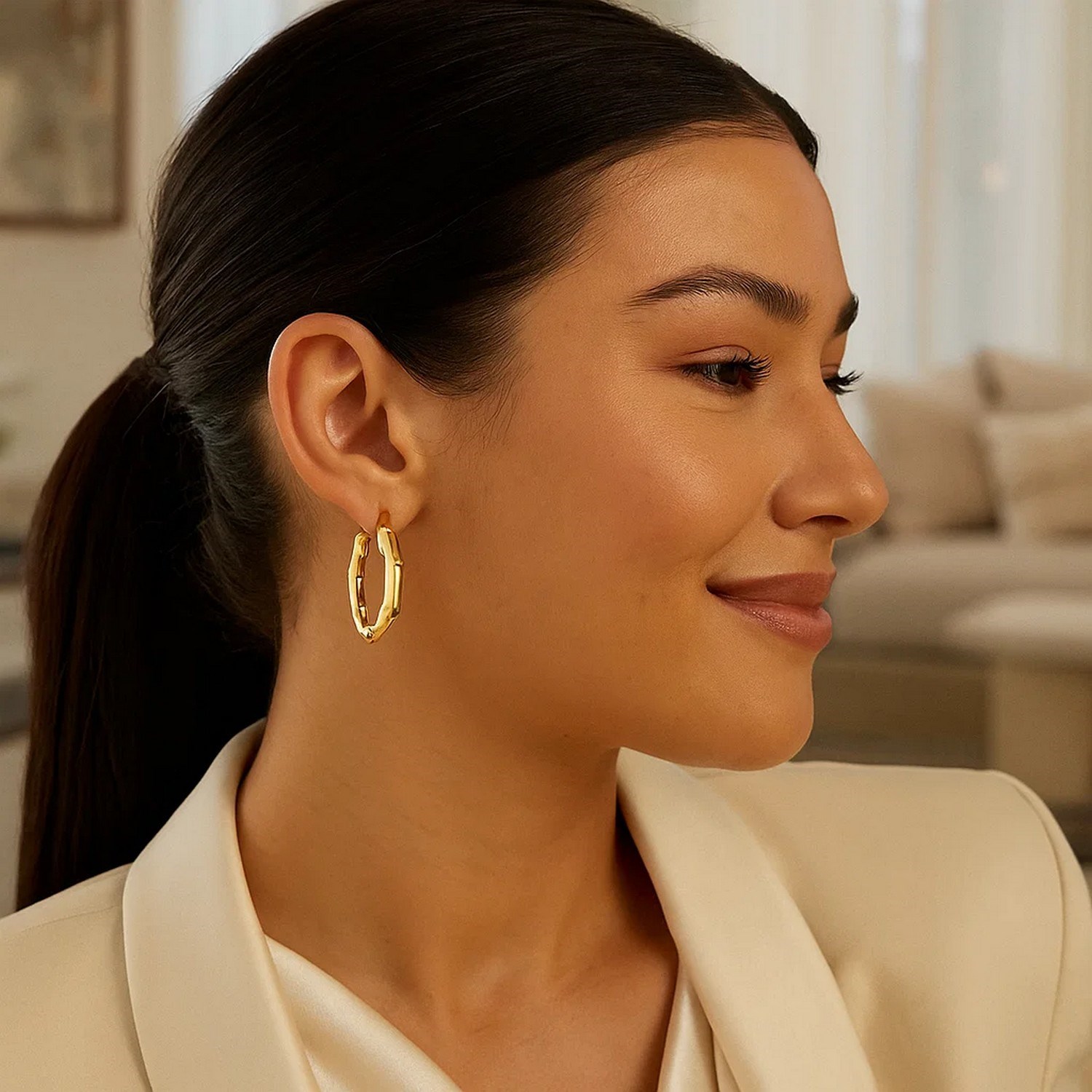 14k Yellow Gold Medium Bamboo Hoop Earrings - Image 4