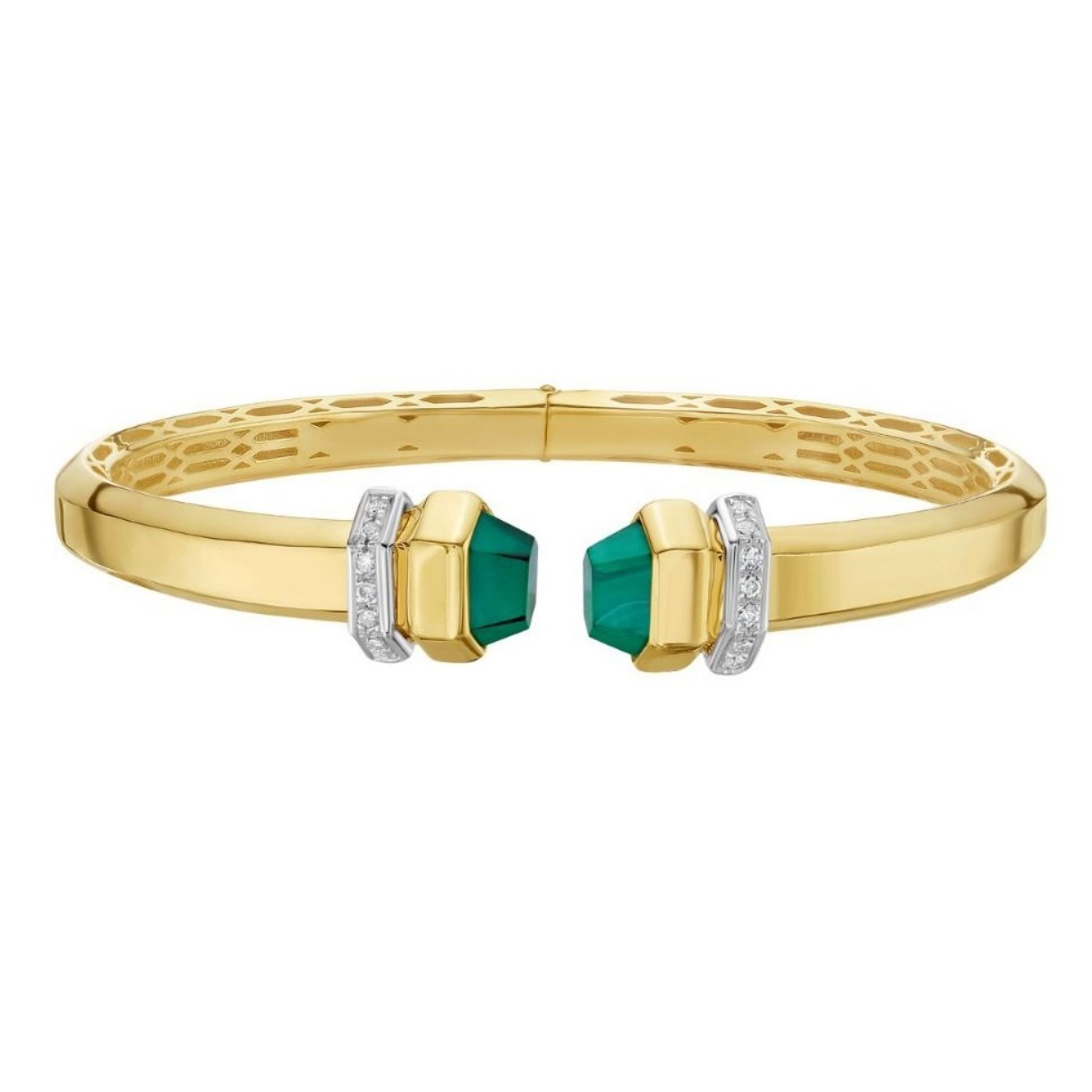 14K Yellow Gold Green Pyramid Art Deco Cuff Bangle (10.70 mm) - Image 2