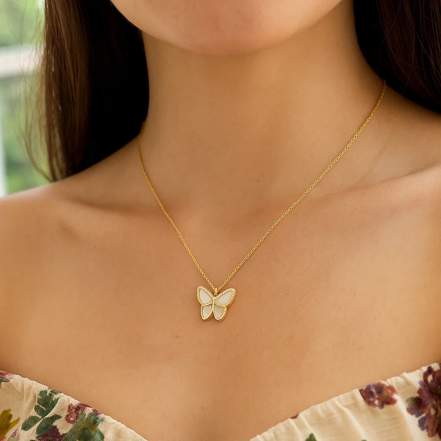 14k Yellow Gold High Polish Butterfly Peral Paste Necklace - Image 4