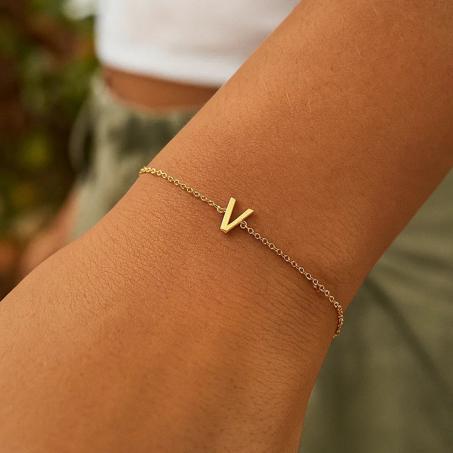 14K Yellow Gold Mini Initial V Bracelet - Image 7