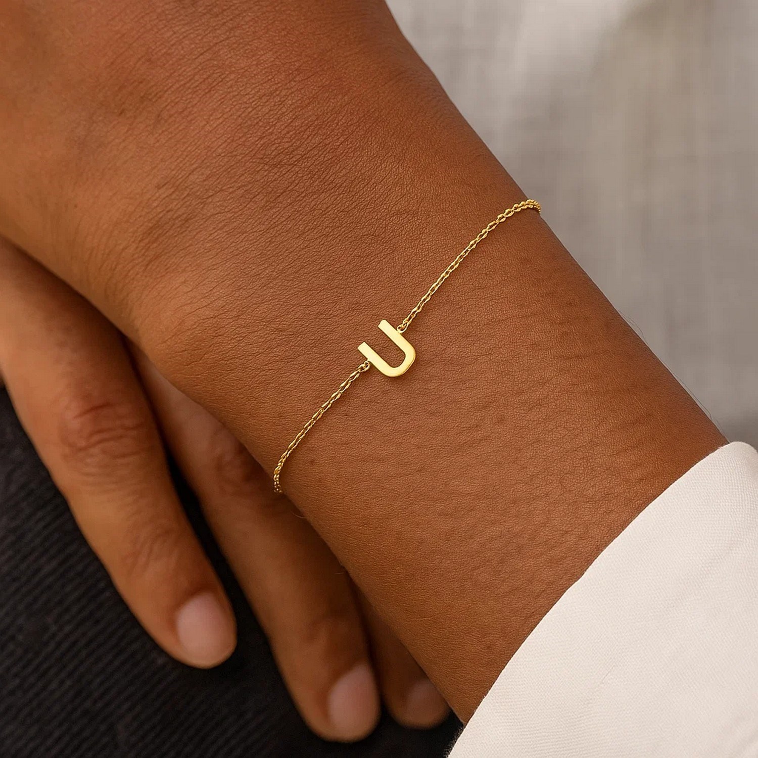 14K Yellow Gold Mini Initial U Bracelet - Image 7