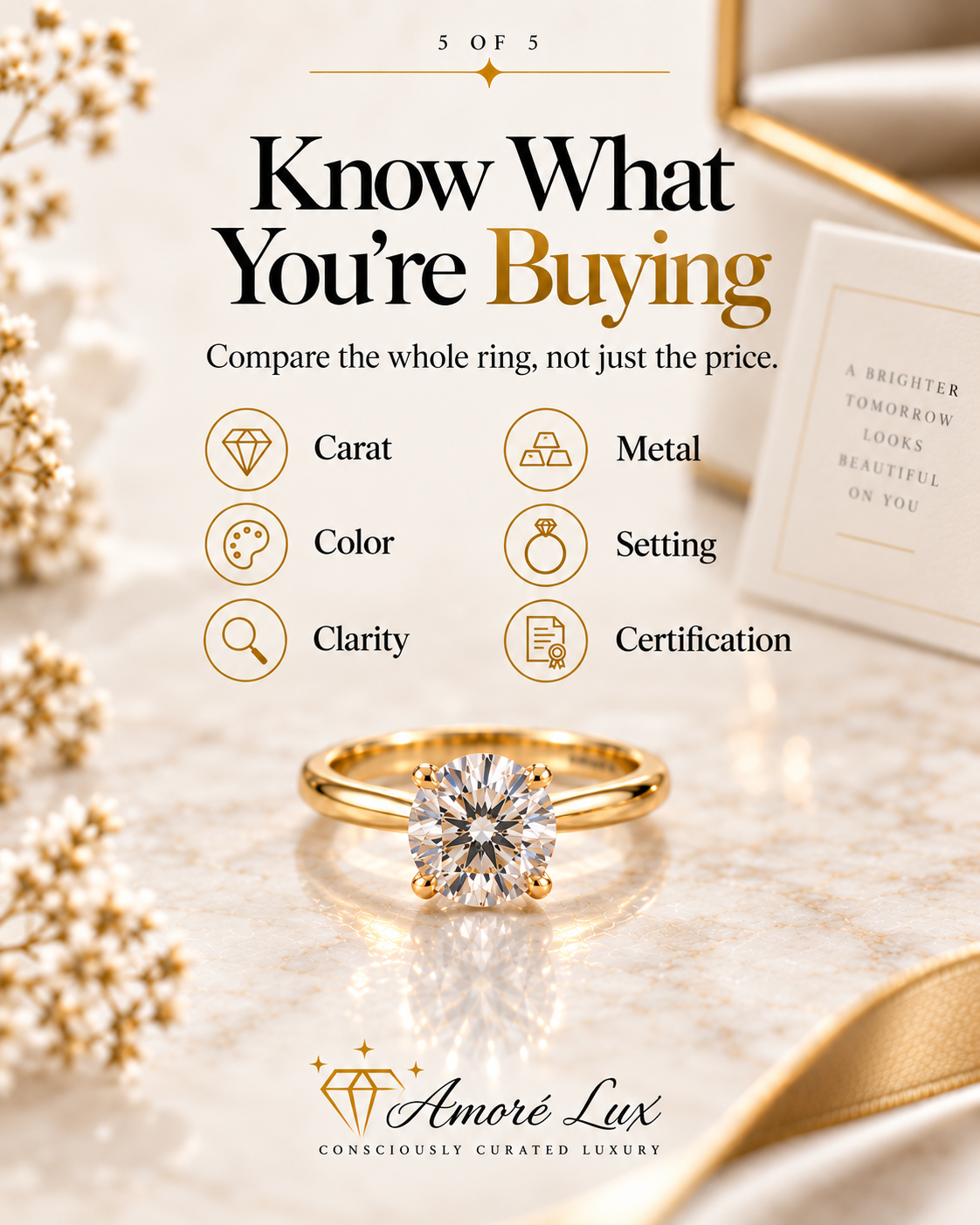 Compare carat, color, clarity, metal, setting and certification