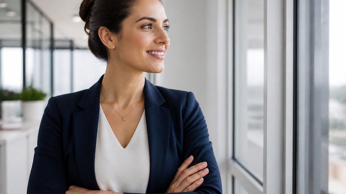Professional woman in a navy blazer wearing the best jewelry for everyday work wear while smiling by an office window