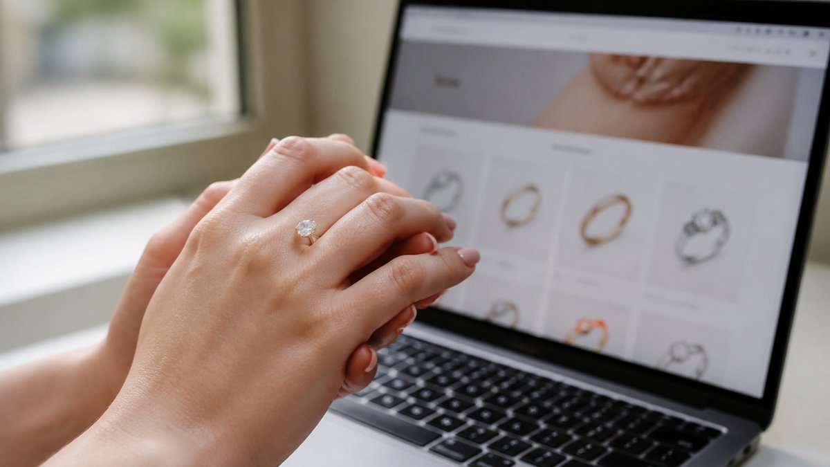 Close-up of a person's hands wearing a delicate diamond engagement ring, with a laptop showing an online jewelry store in the background, soft natural window light