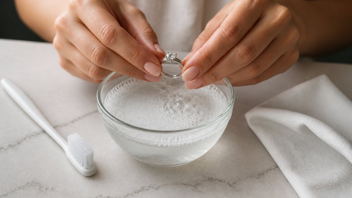 Close-up of hands holding a lab-grown diamond ring over a small bowl of warm soapy water, with a soft toothbrush and lint-free cloth on a clean countertop