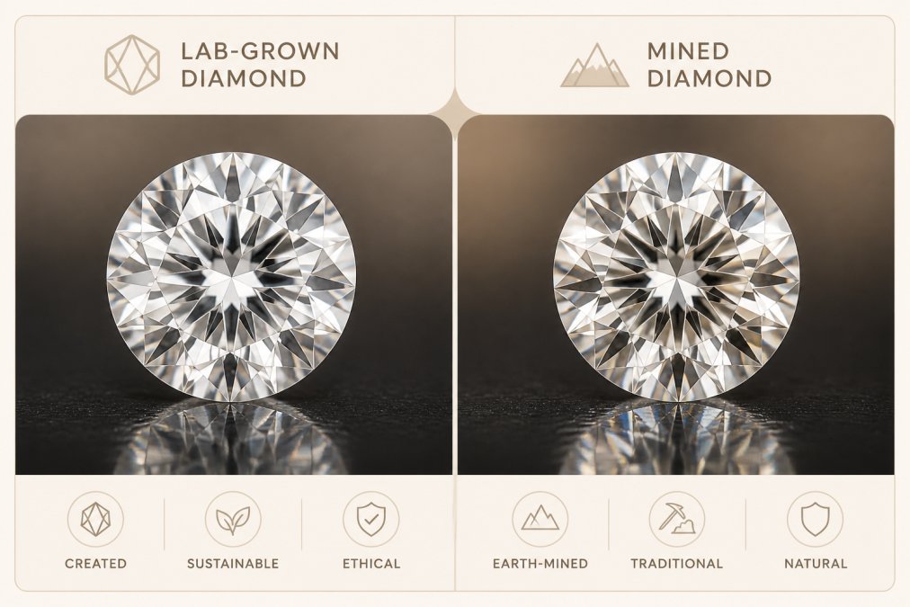 Close-up of a lab-grown diamond and a mined diamond side by side in professional lighting, showing their brilliant sparkle and faceted surfaces on a dark reflective surface