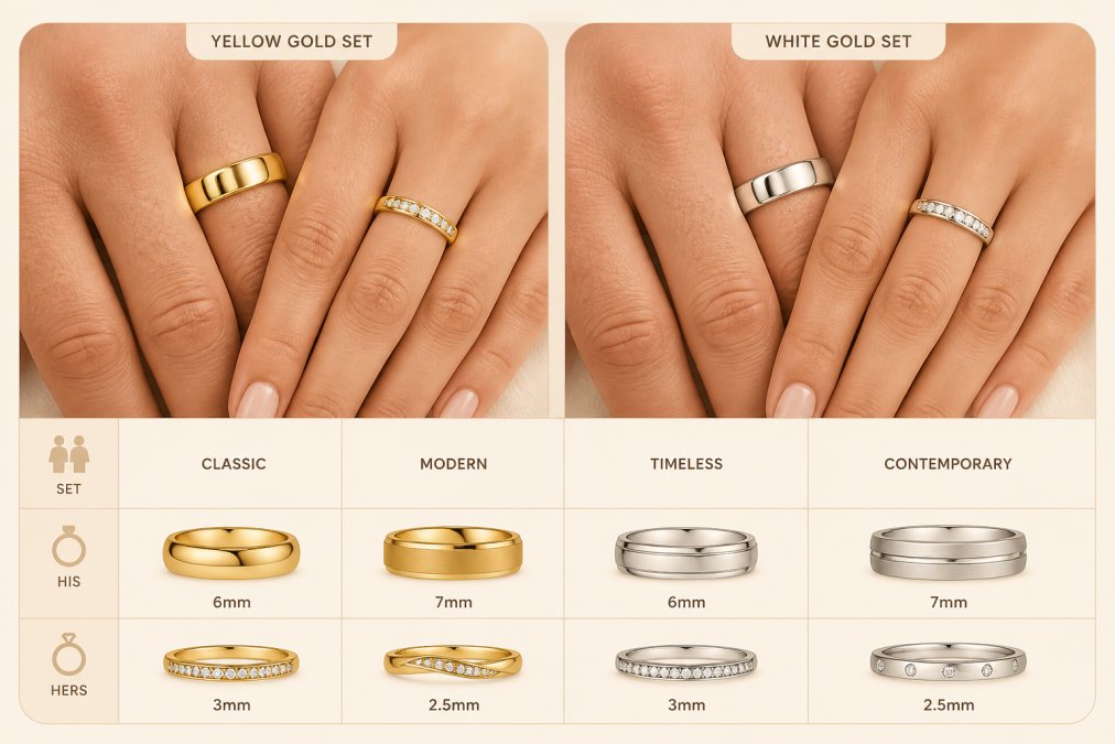 Close-up of a couple's hands showing two complementary polished wedding bands in different metals side by side, with soft natural lighting highlighting the bands' finish and subtle design details